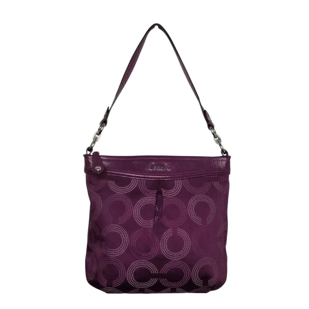 Coach Ashley Dotted Op Art Hippie Shoulder Bag Purple Signature Canvas Leather